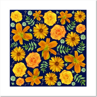Tigerlilies, Roses, Sunflowers, Leaves, Succulents, and Flowers in Golden Orange and Yellow Posters and Art